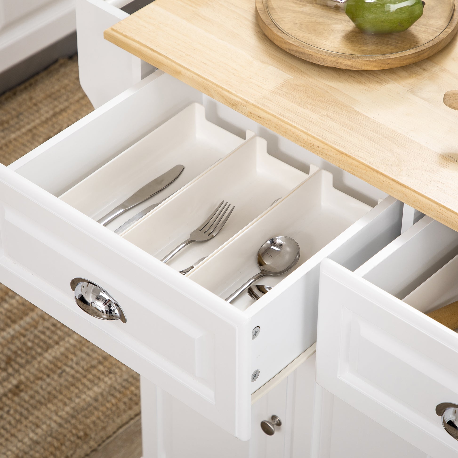 Kitchen Island Cart with Wheels Multi-Purpose Cart with 2 Drawers 3 Doors Towel Rack and Spice Rack for Dining Room 110x45x91 cm White