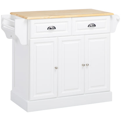 Kitchen Island Cart with Wheels Multi-Purpose Cart with 2 Drawers 3 Doors Towel Rack and Spice Rack for Dining Room 110x45x91 cm White