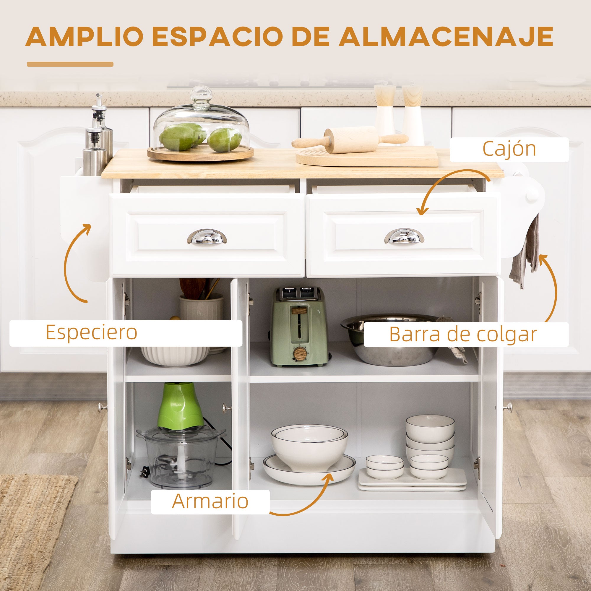 Kitchen Island Cart with Wheels Multi-Purpose Cart with 2 Drawers 3 Doors Towel Rack and Spice Rack for Dining Room 110x45x91 cm White
