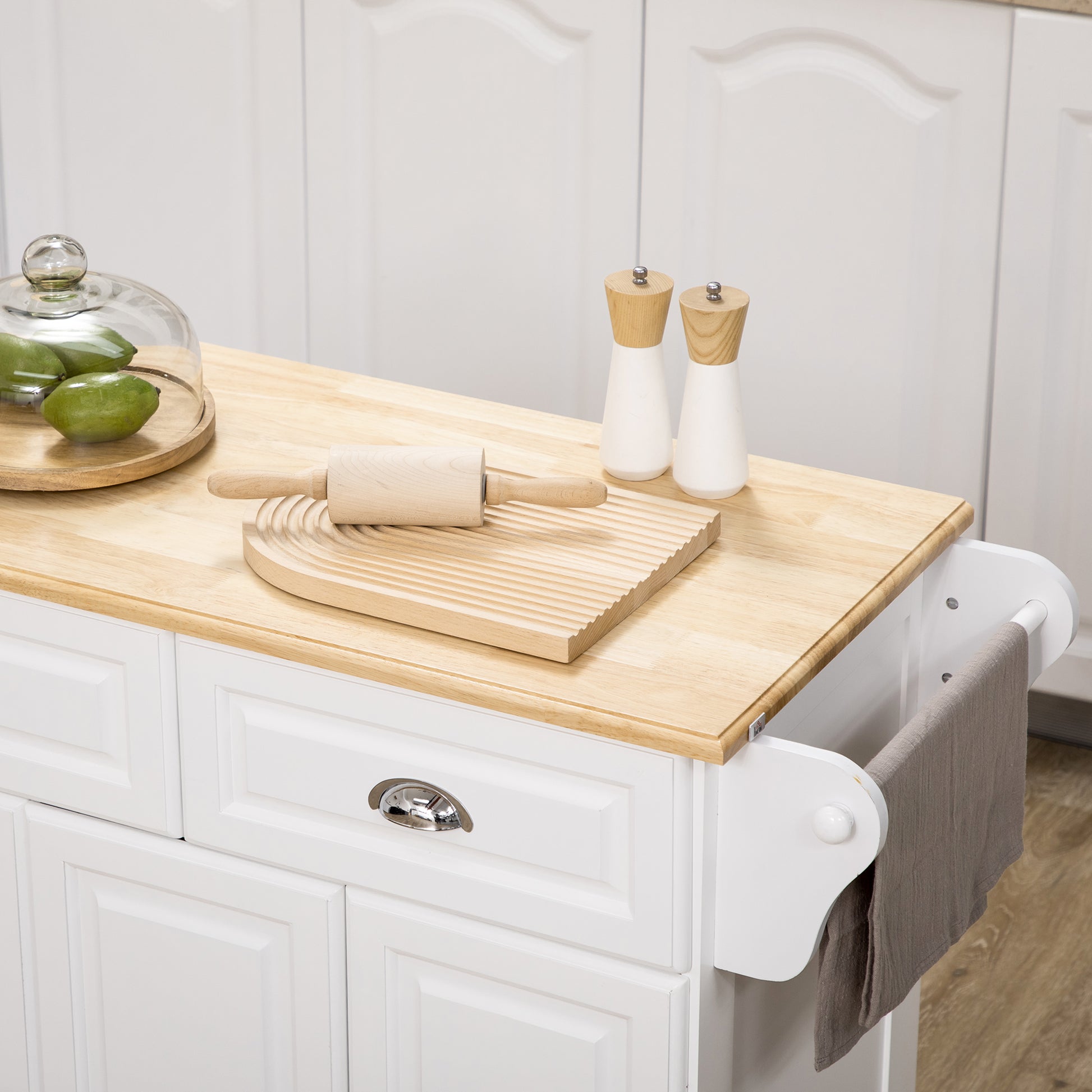 Kitchen Island Cart with Wheels Multi-Purpose Cart with 2 Drawers 3 Doors Towel Rack and Spice Rack for Dining Room 110x45x91 cm White