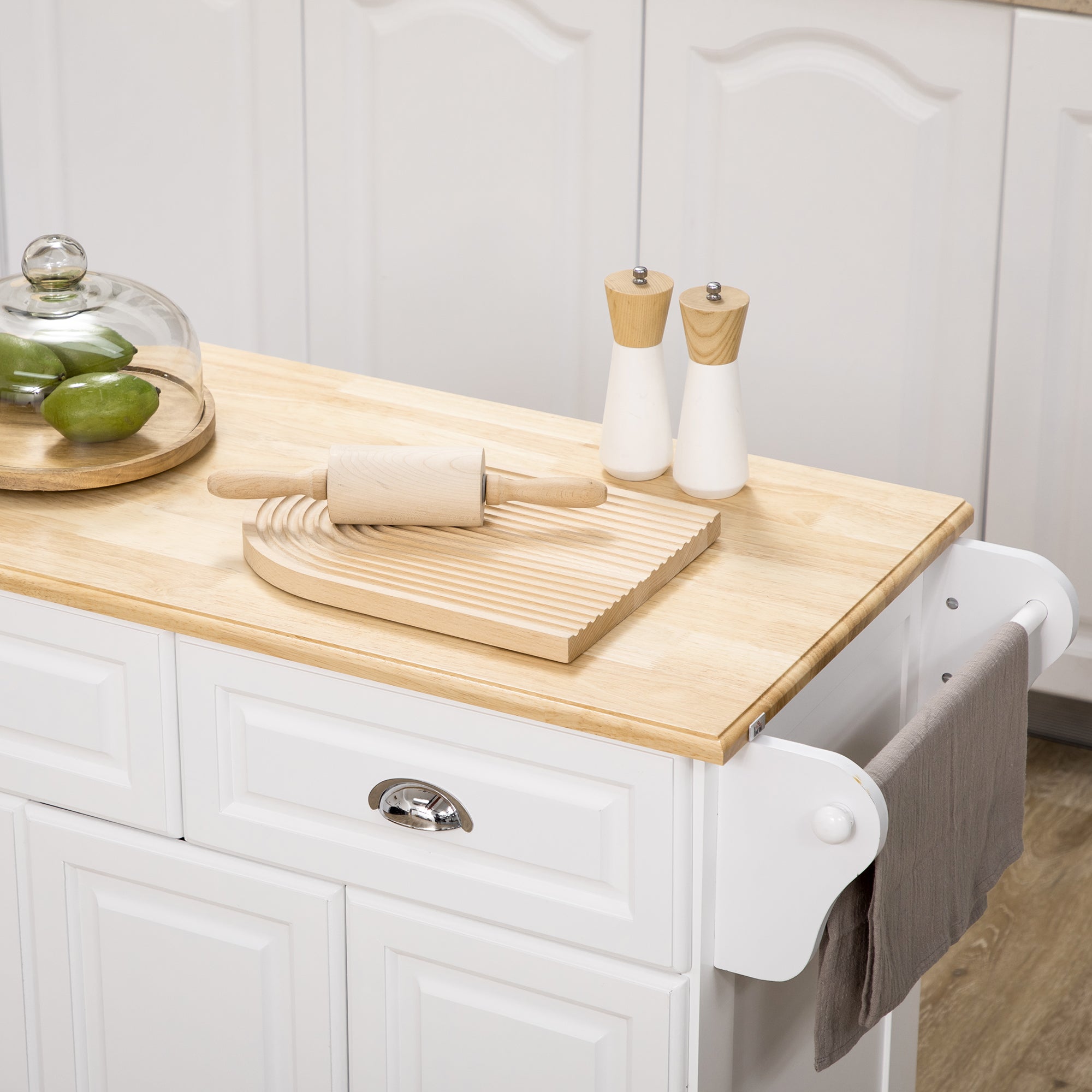 Kitchen Island Cart with Wheels Multi-Purpose Cart with 2 Drawers 3 Doors Towel Rack and Spice Rack for Dining Room 110x45x91 cm White