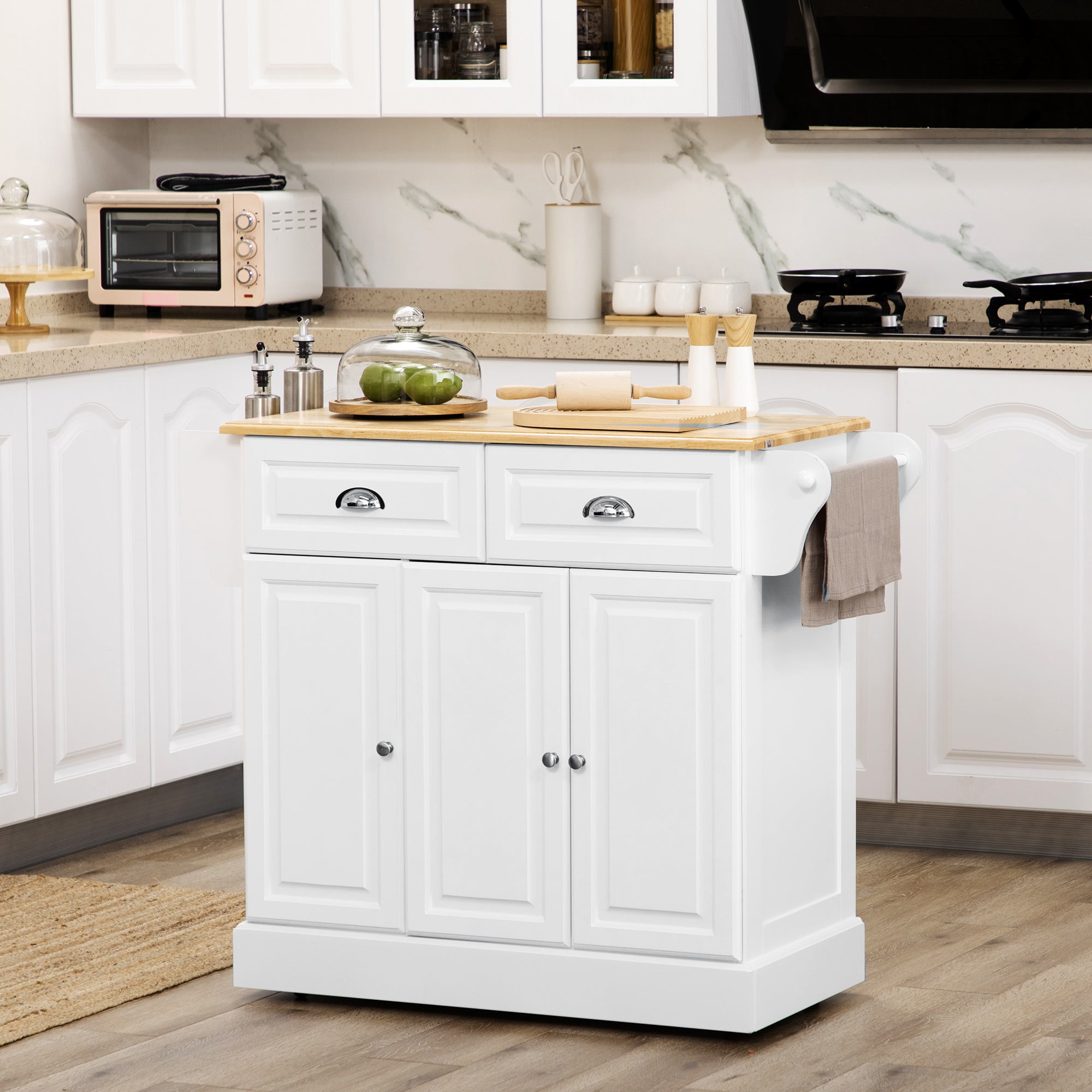Kitchen Island Cart with Wheels Multi-Purpose Cart with 2 Drawers 3 Doors Towel Rack and Spice Rack for Dining Room 110x45x91 cm White