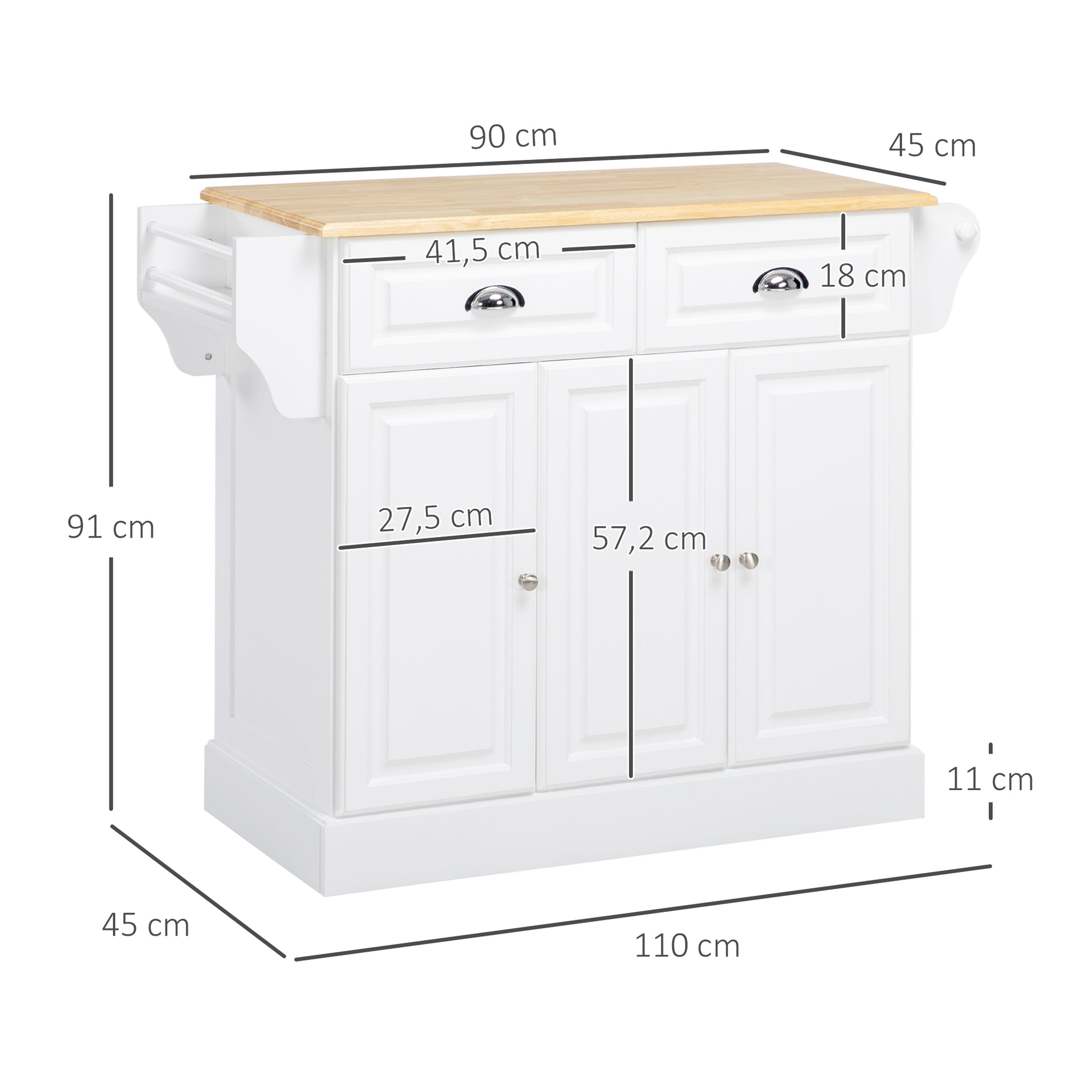 Kitchen Island Cart with Wheels Multi-Purpose Cart with 2 Drawers 3 Doors Towel Rack and Spice Rack for Dining Room 110x45x91 cm White