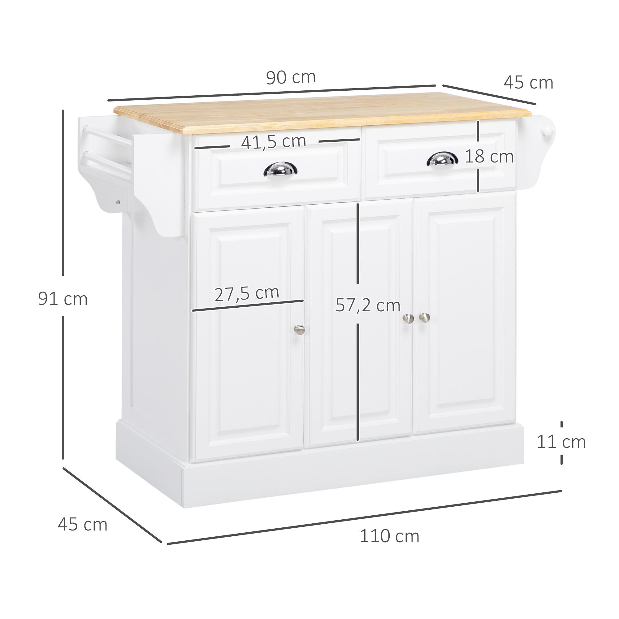 Kitchen Island Cart with Wheels Multi-Purpose Cart with 2 Drawers 3 Doors Towel Rack and Spice Rack for Dining Room 110x45x91 cm White