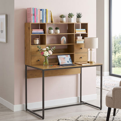 Computer Desk with 4 Drawers, 105 x 60 cm (41.3 x 23.6 in), Storage Desk with Open Shelves, Modern Home Office Table for Small Spaces, Natural Wood