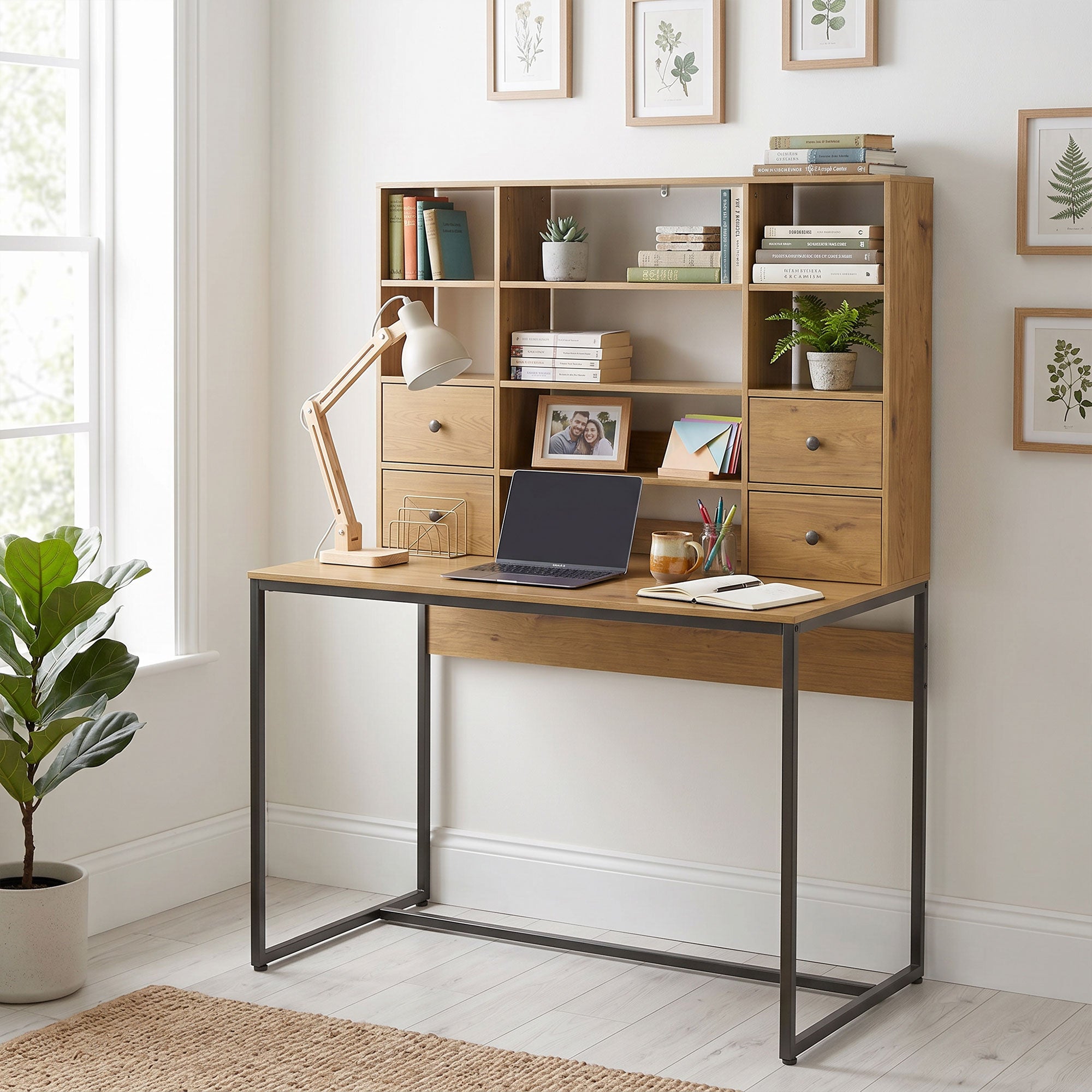 Computer Desk with 4 Drawers, 105 x 60 cm (41.3 x 23.6 in), Storage Desk with Open Shelves, Modern Home Office Table for Small Spaces, Natural Wood