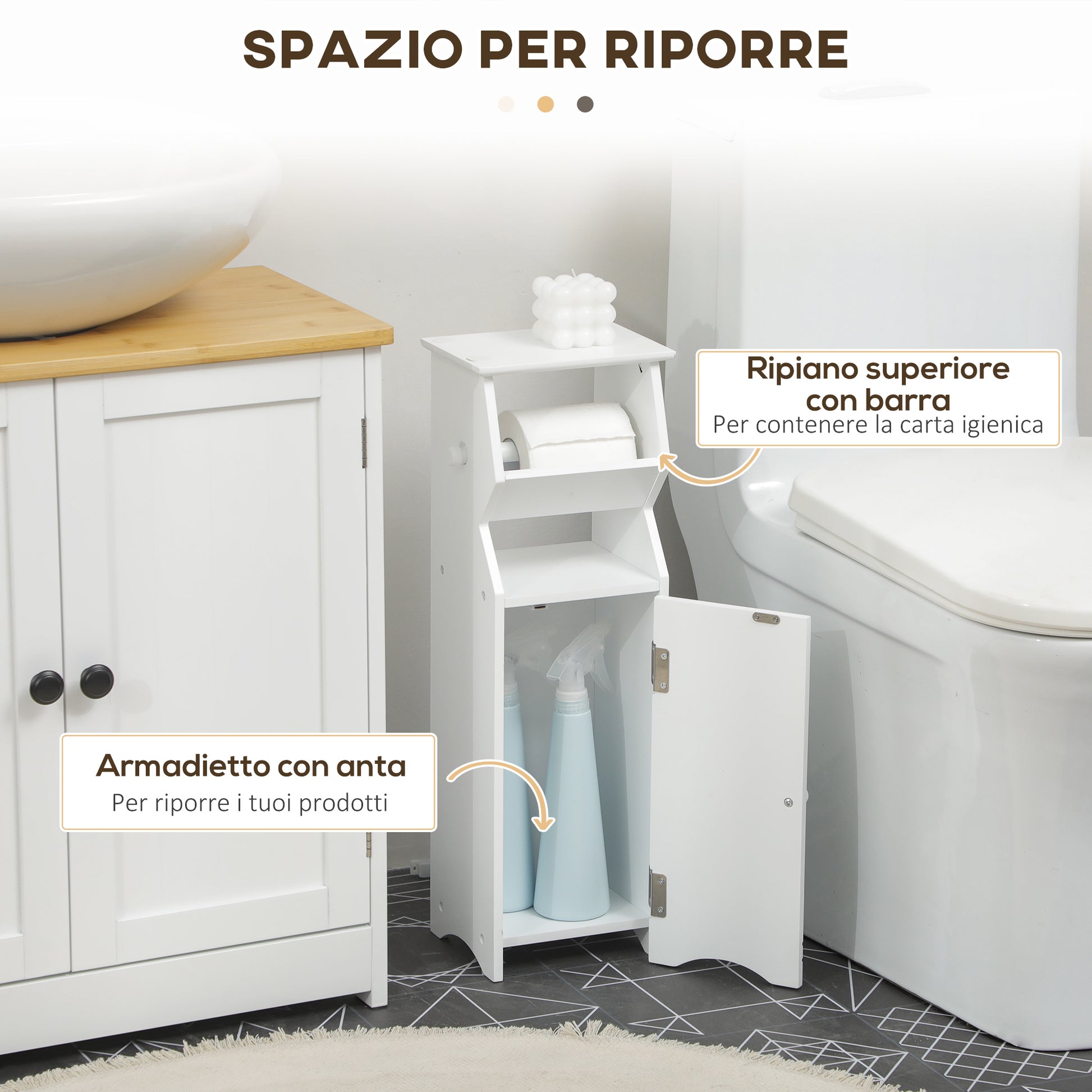 Space-Saving White MDF Bathroom Cabinet with Toilet Paper Area and Cabinet, 19x15x56 cm