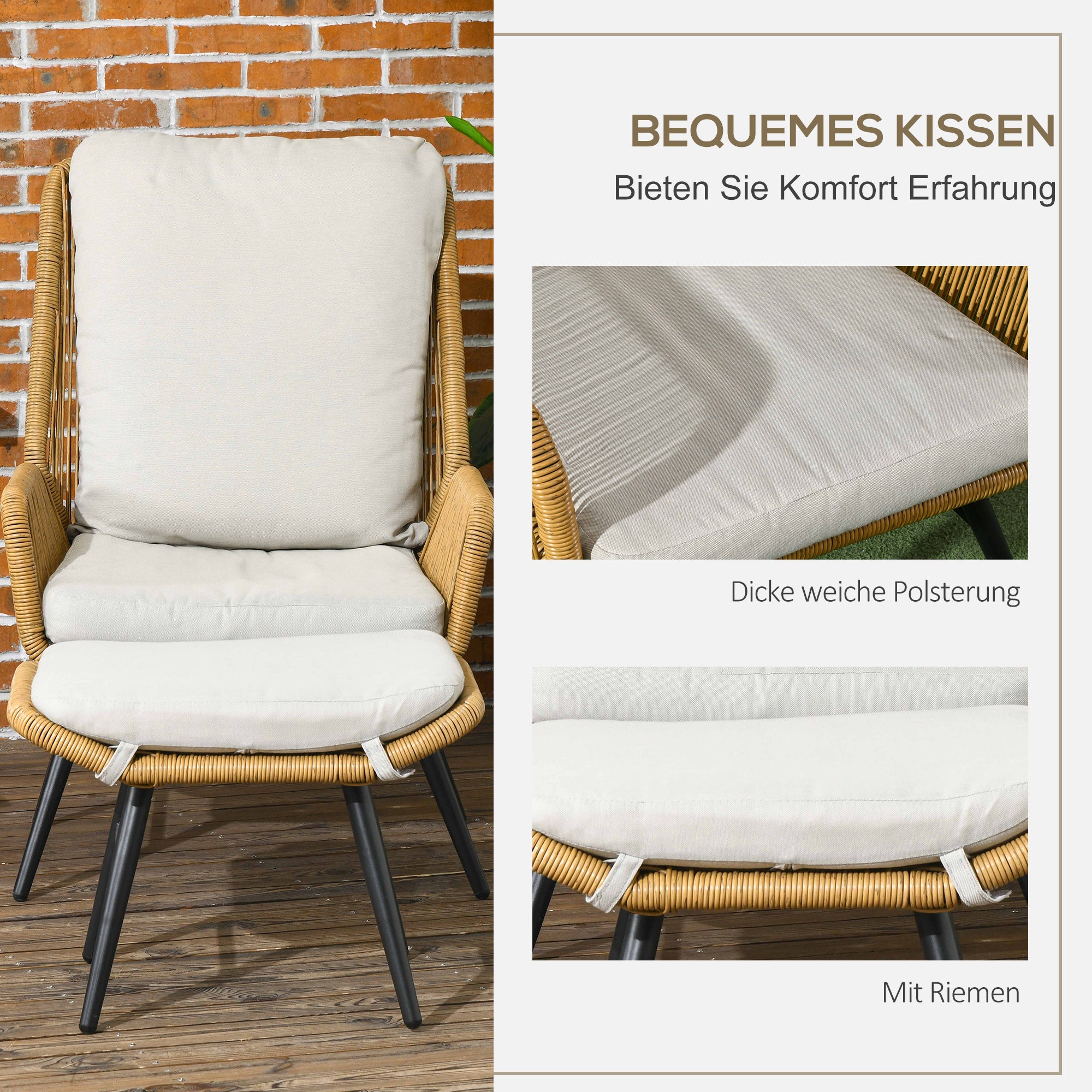 Rattan Relax Chair with Footstool Garden Chair with Adjustable Backrest Outdoor Rattan Chair with Cushions for Garden, Balcony, Steel, Polyester Natural