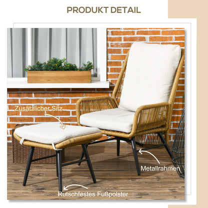 Rattan Relax Chair with Footstool Garden Chair with Adjustable Backrest Outdoor Rattan Chair with Cushions for Garden, Balcony, Steel, Polyester Natural