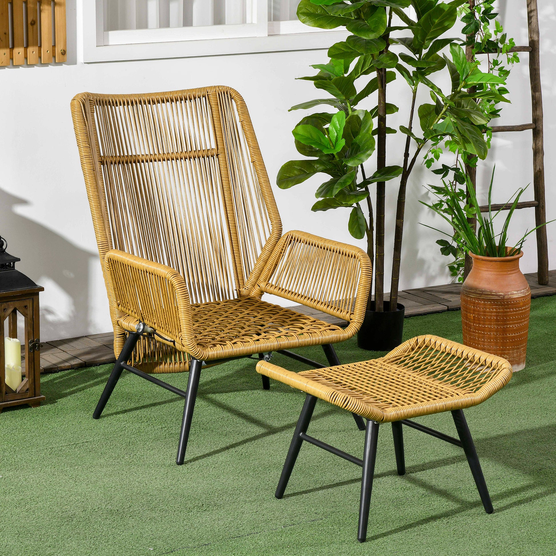 Rattan Relax Chair with Footstool Garden Chair with Adjustable Backrest Outdoor Rattan Chair with Cushions for Garden, Balcony, Steel, Polyester Natural