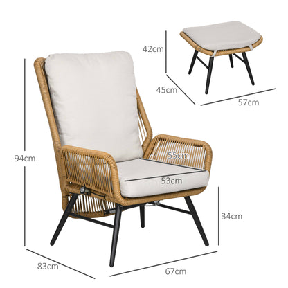 Rattan Relax Chair with Footstool Garden Chair with Adjustable Backrest Outdoor Rattan Chair with Cushions for Garden, Balcony, Steel, Polyester Natural