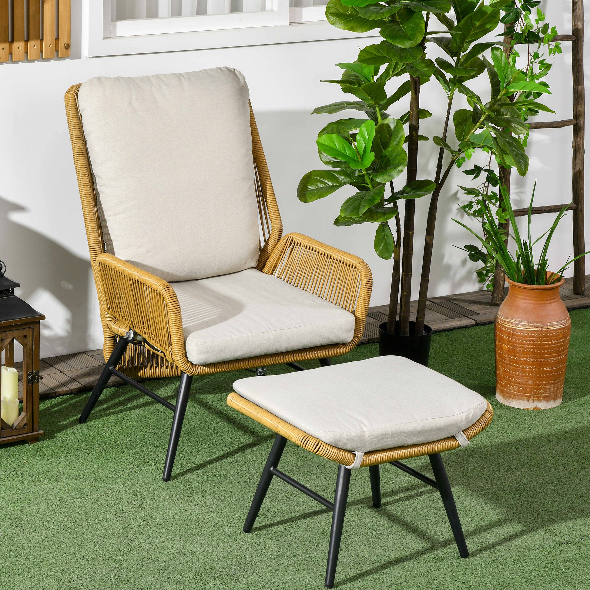 Rattan Relax Chair with Footstool Garden Chair with Adjustable Backrest Outdoor Rattan Chair with Cushions for Garden, Balcony, Steel, Polyester Natural