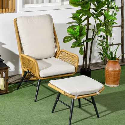 Rattan Relax Chair with Footstool Garden Chair with Adjustable Backrest Outdoor Rattan Chair with Cushions for Garden, Balcony, Steel, Polyester Natural