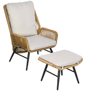 Rattan Relax Chair with Footstool Garden Chair with Adjustable Backrest Outdoor Rattan Chair with Cushions for Garden, Balcony, Steel, Polyester Natural