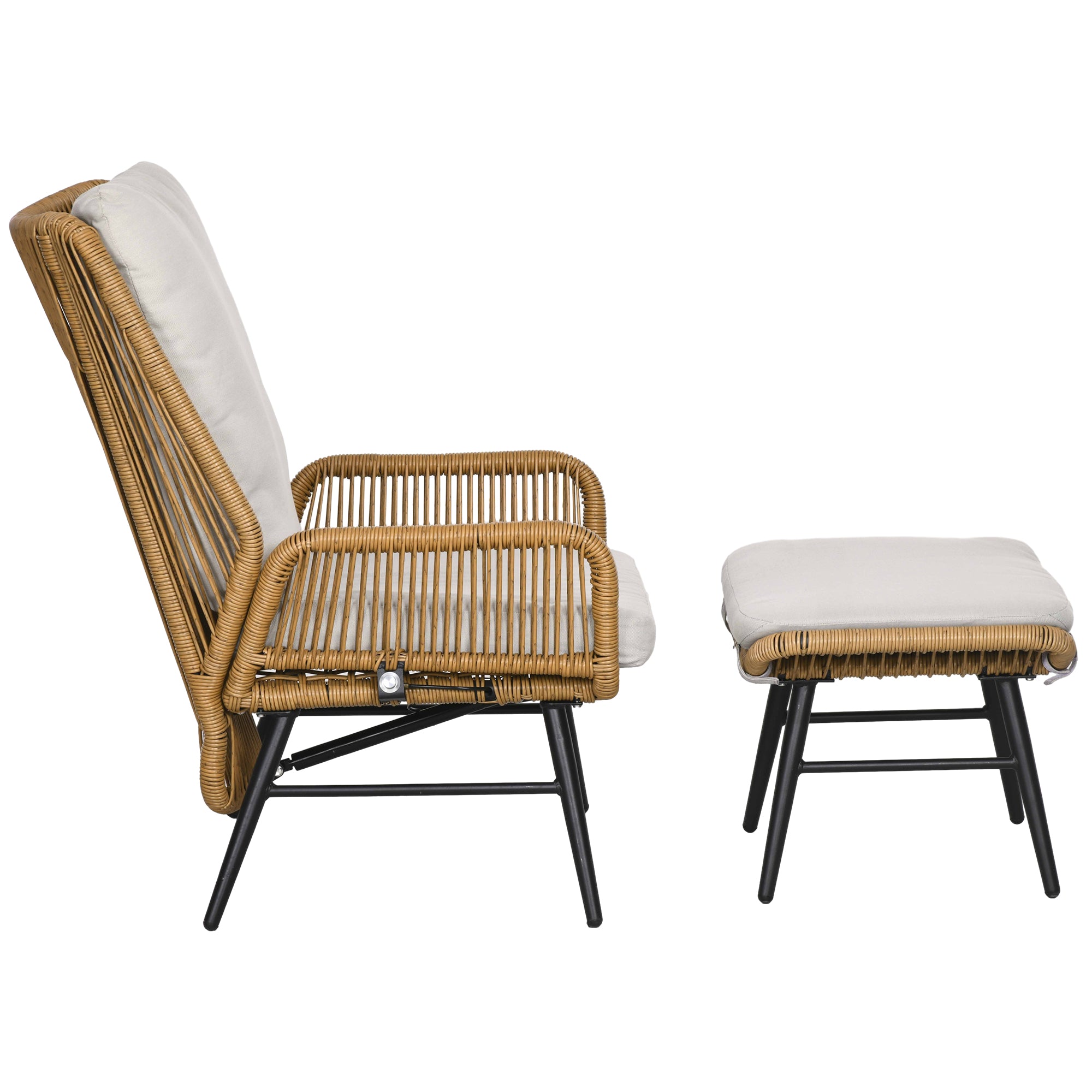 Rattan Relax Chair with Footstool Garden Chair with Adjustable Backrest Outdoor Rattan Chair with Cushions for Garden, Balcony, Steel, Polyester Natural