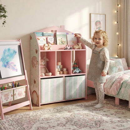 Kids Toy Shelf with Fabric Drawers, Open Shelves & Fox Design — Toy Organizer for Bedroom, Playroom, Nursery, Pink