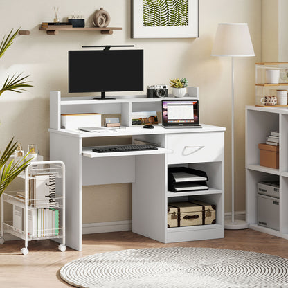 Compact Computer Desk, White Wooden Desktop PC Desk with Pull-Out Keyboard Tray and Shelves 104x48x95.5cm
