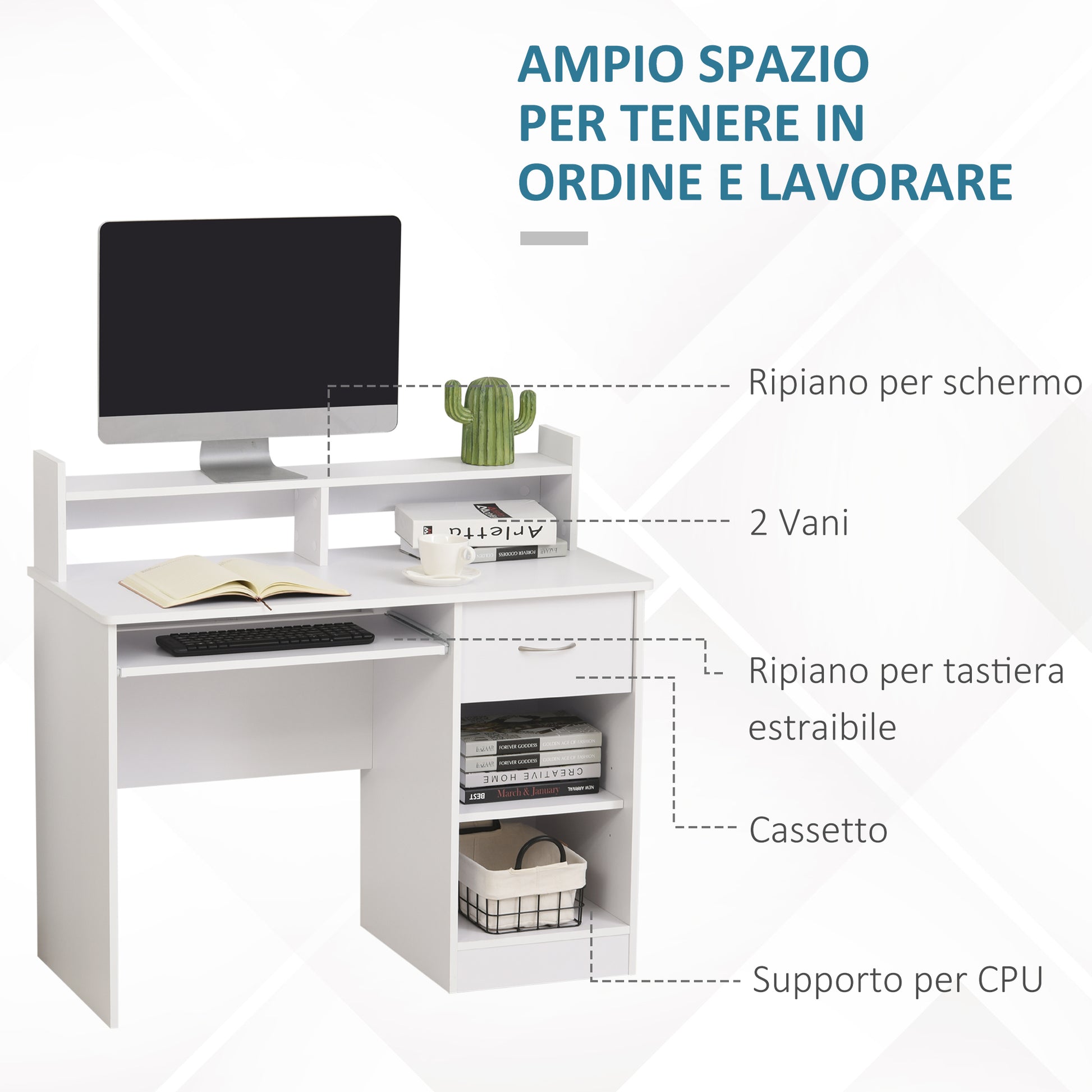 Compact Computer Desk, White Wooden Desktop PC Desk with Pull-Out Keyboard Tray and Shelves 104x48x95.5cm