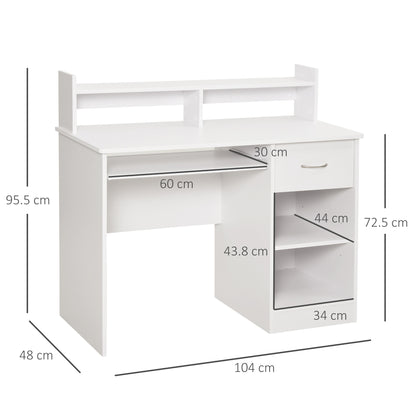 Compact Computer Desk, White Wooden Desktop PC Desk with Pull-Out Keyboard Tray and Shelves 104x48x95.5cm