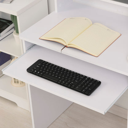 Compact Computer Desk, White Wooden Desktop PC Desk with Pull-Out Keyboard Tray and Shelves 104x48x95.5cm