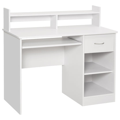 Compact Computer Desk, White Wooden Desktop PC Desk with Pull-Out Keyboard Tray and Shelves 104x48x95.5cm