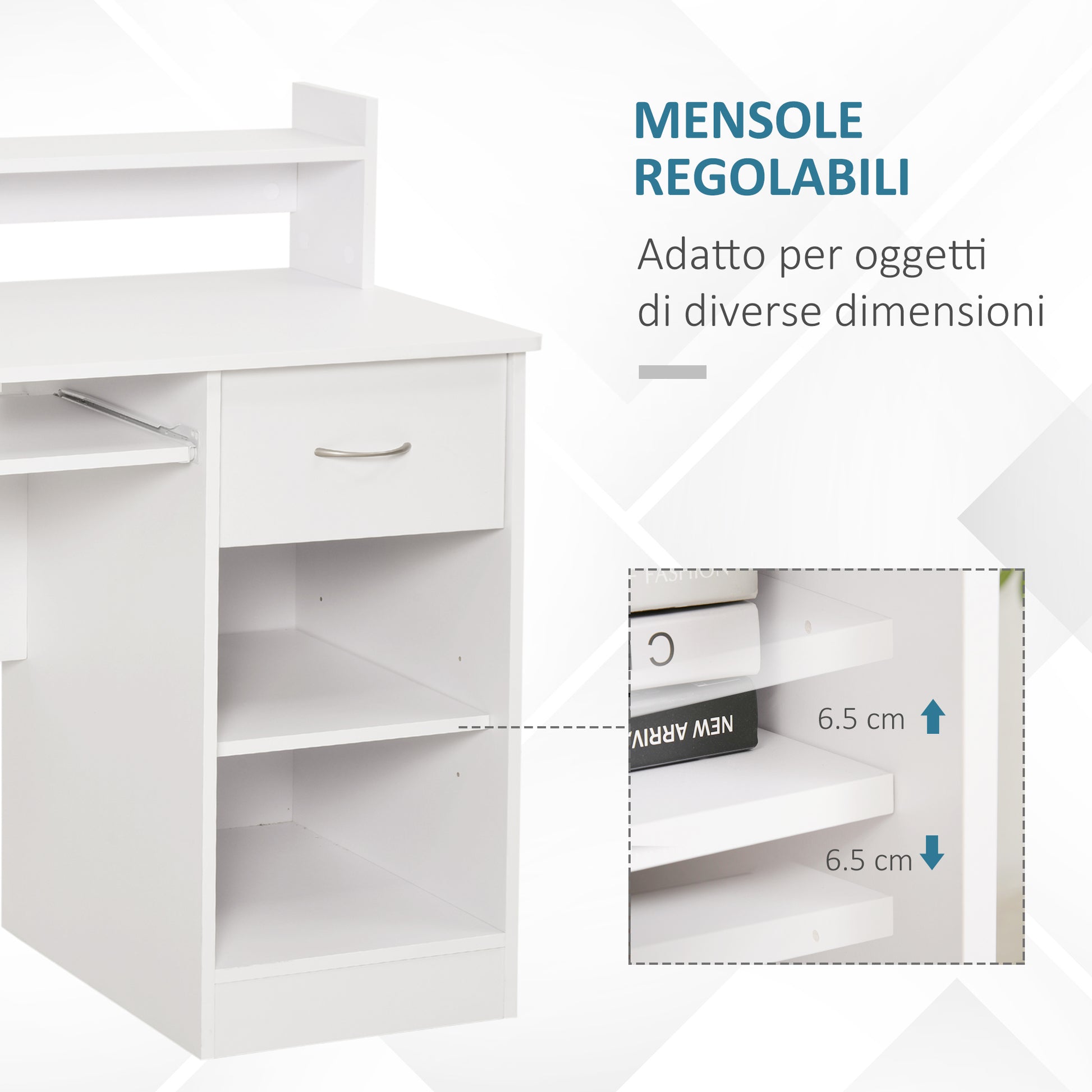 Compact Computer Desk, White Wooden Desktop PC Desk with Pull-Out Keyboard Tray and Shelves 104x48x95.5cm