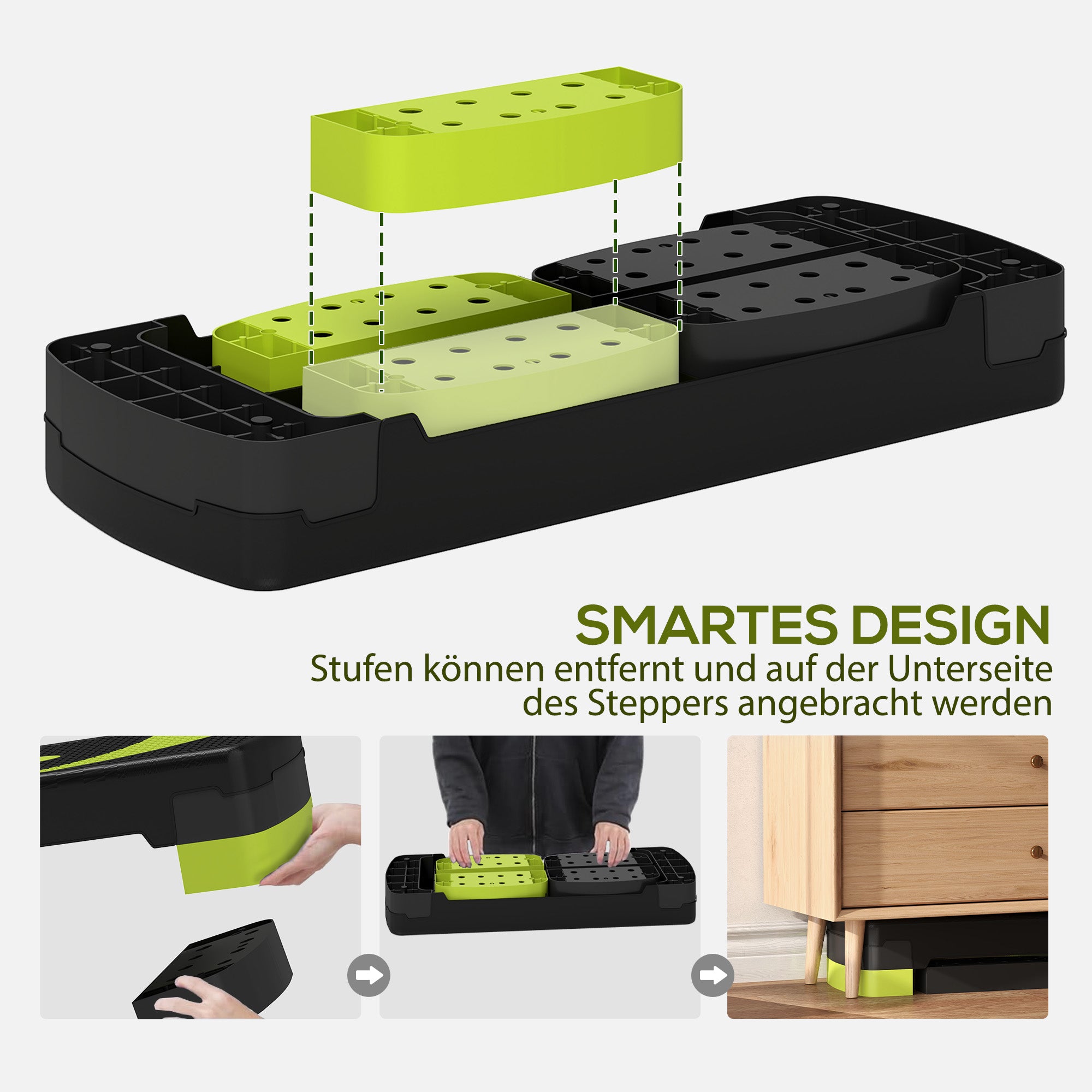Aerobic Stepper Adjustable Height with 3 Levels (10/15/20 cm) Fitness Home Trainer for Indoor Outdoor Capacity up to 150 kg Green