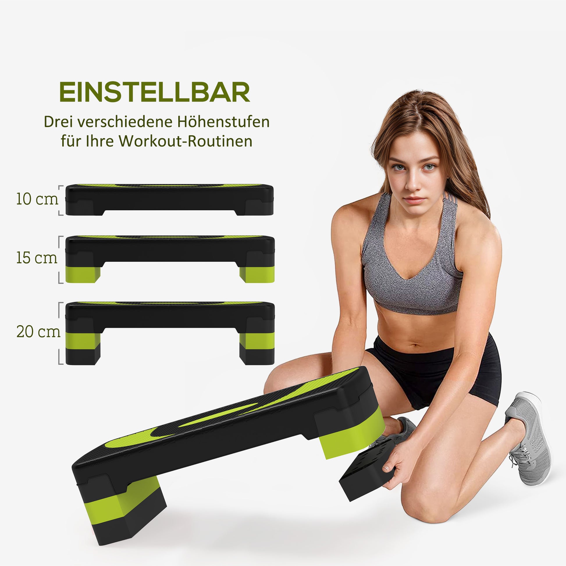 Aerobic Stepper Adjustable Height with 3 Levels (10/15/20 cm) Fitness Home Trainer for Indoor Outdoor Capacity up to 150 kg Green