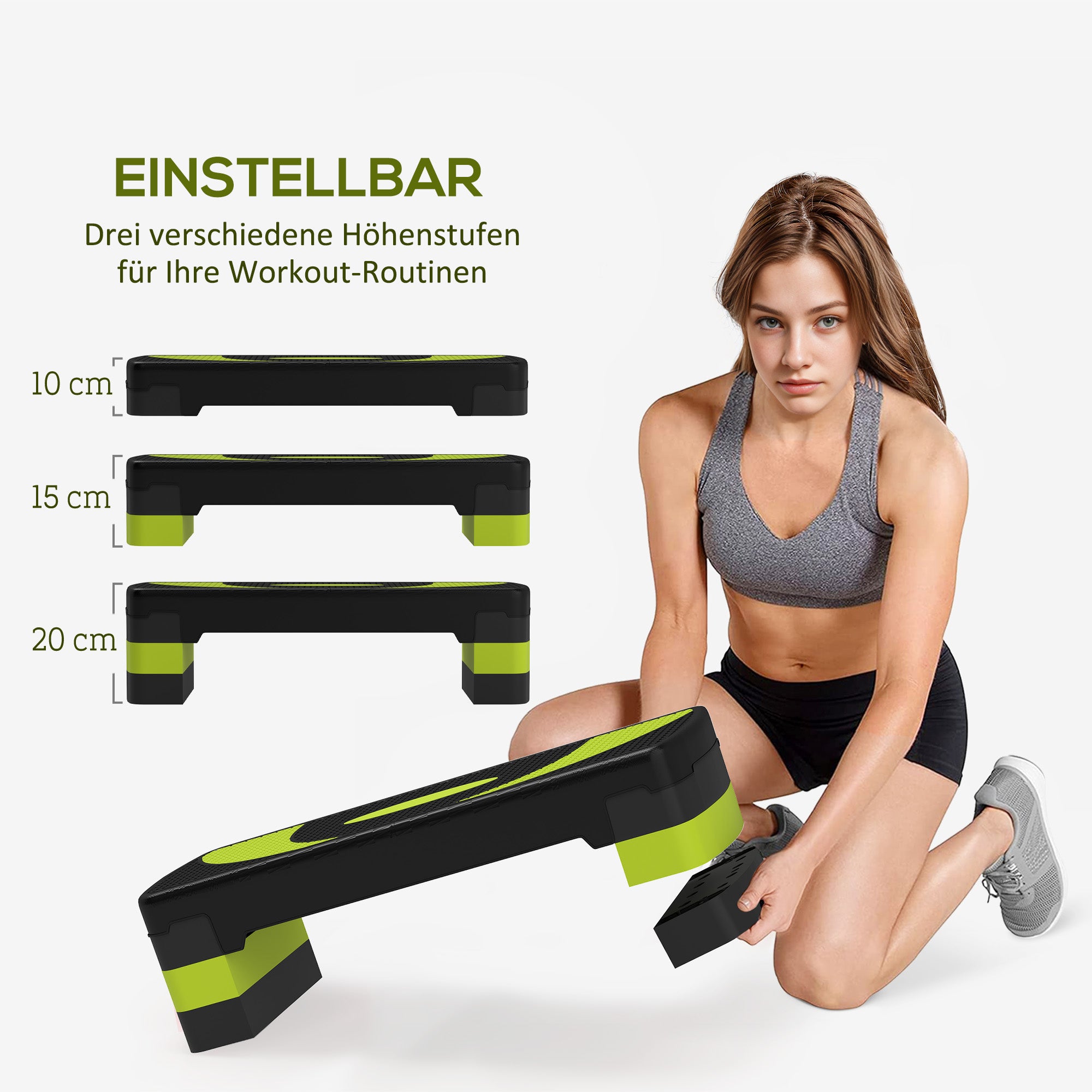 Aerobic Stepper Adjustable Height with 3 Levels (10/15/20 cm) Fitness Home Trainer for Indoor Outdoor Capacity up to 150 kg Green