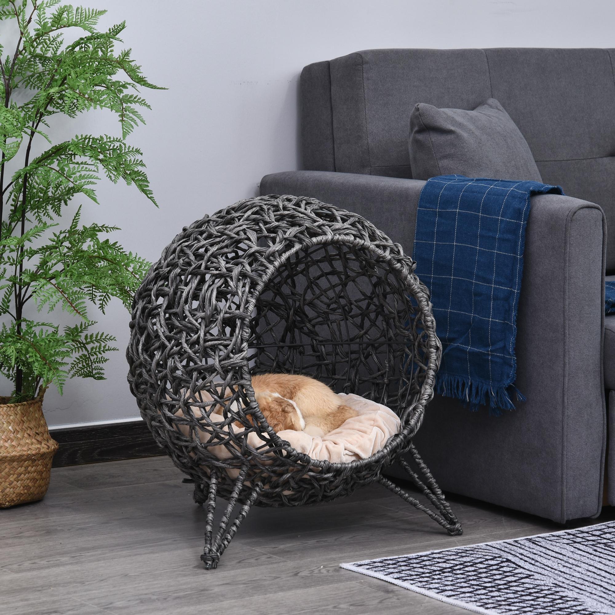 Cat House made of Rattan with Cushion Cat Sleeping Place Cat Cave with Elevated Feet Silver Gray Ø52 x 58 cm