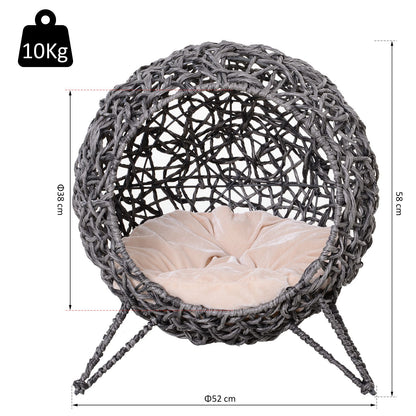 Cat House made of Rattan with Cushion Cat Sleeping Place Cat Cave with Elevated Feet Silver Gray Ø52 x 58 cm