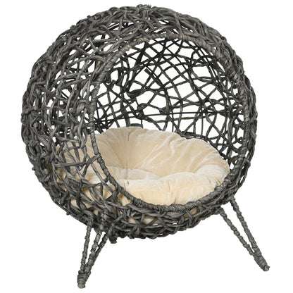 Cat House made of Rattan with Cushion Cat Sleeping Place Cat Cave with Elevated Feet Silver Gray Ø52 x 58 cm