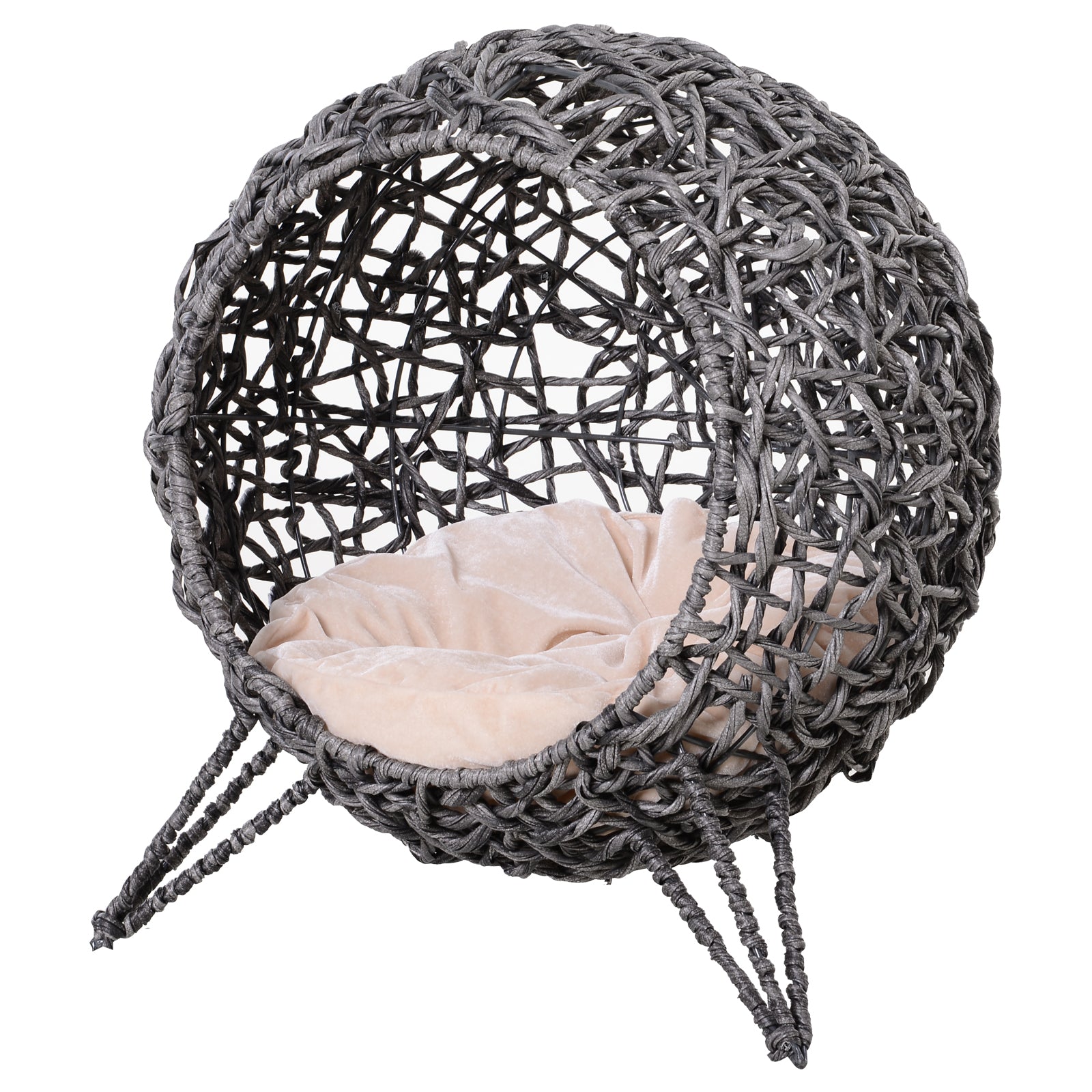 Cat House made of Rattan with Cushion Cat Sleeping Place Cat Cave with Elevated Feet Silver Gray Ø52 x 58 cm