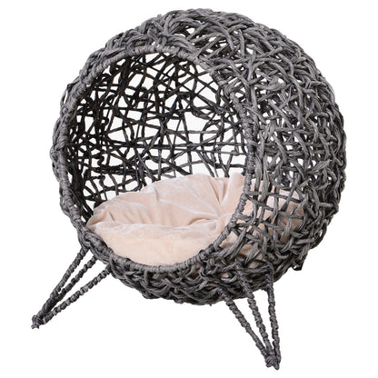 Cat House made of Rattan with Cushion Cat Sleeping Place Cat Cave with Elevated Feet Silver Gray Ø52 x 58 cm