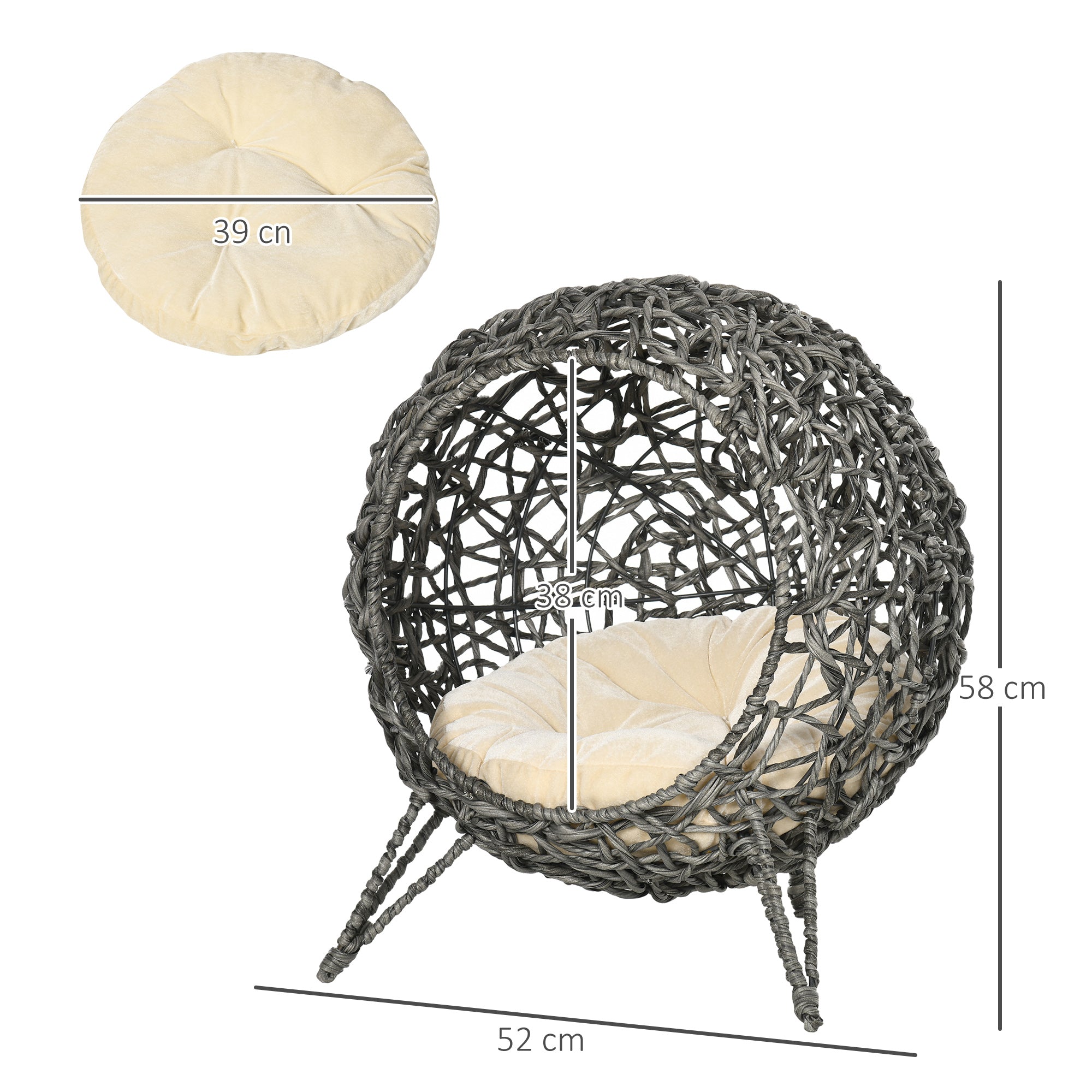 Cat House made of Rattan with Cushion Cat Sleeping Place Cat Cave with Elevated Feet Silver Gray Ø52 x 58 cm