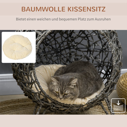 Cat House made of Rattan with Cushion Cat Sleeping Place Cat Cave with Elevated Feet Silver Gray Ø52 x 58 cm