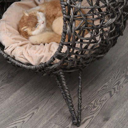 Cat House made of Rattan with Cushion Cat Sleeping Place Cat Cave with Elevated Feet Silver Gray Ø52 x 58 cm