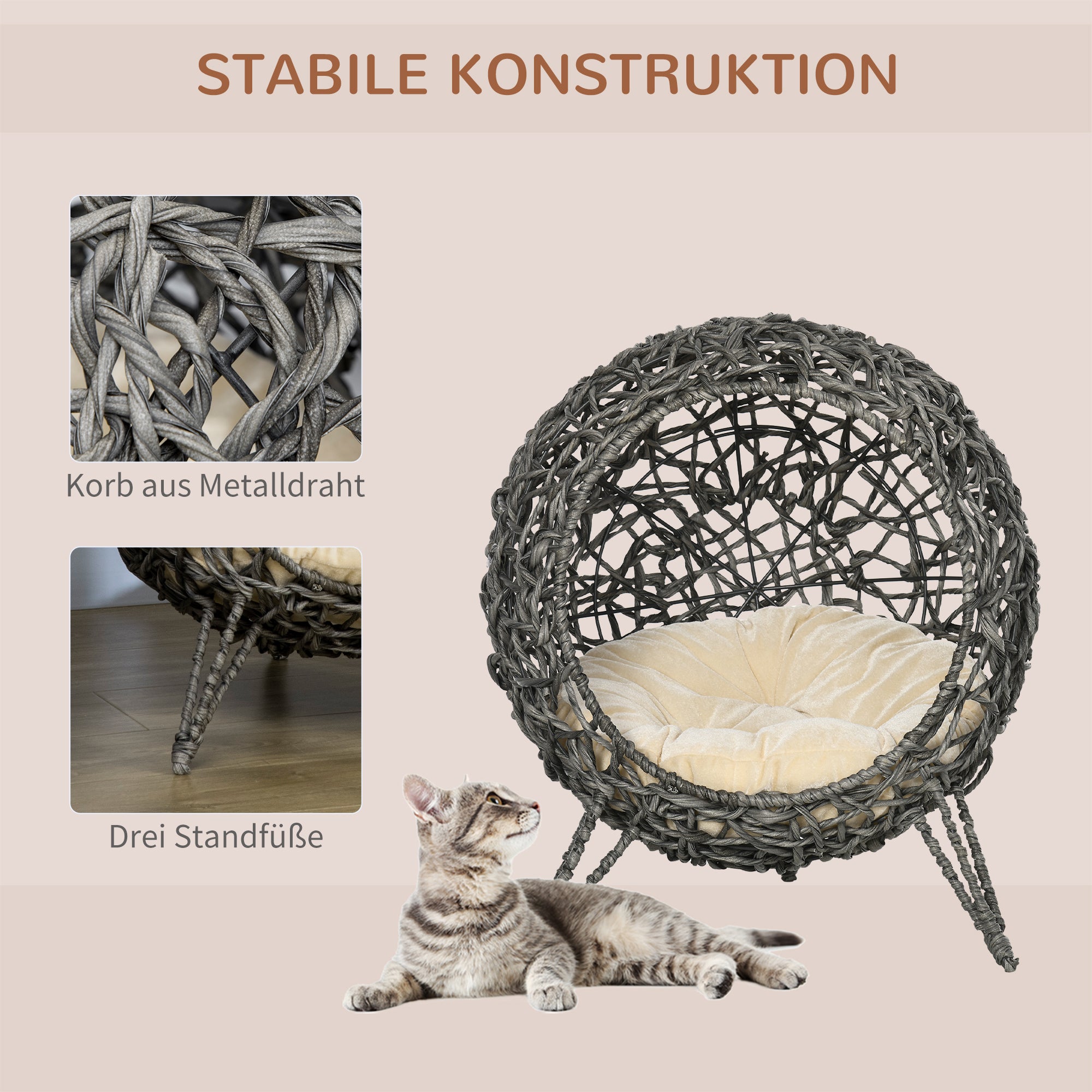 Cat House made of Rattan with Cushion Cat Sleeping Place Cat Cave with Elevated Feet Silver Gray Ø52 x 58 cm