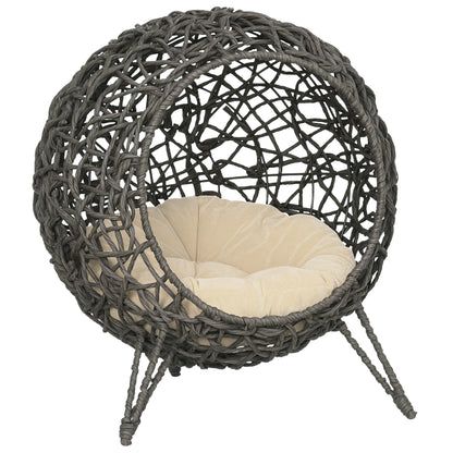 Cat House made of Rattan with Cushion Cat Sleeping Place Cat Cave with Elevated Feet Silver Gray Ø52 x 58 cm