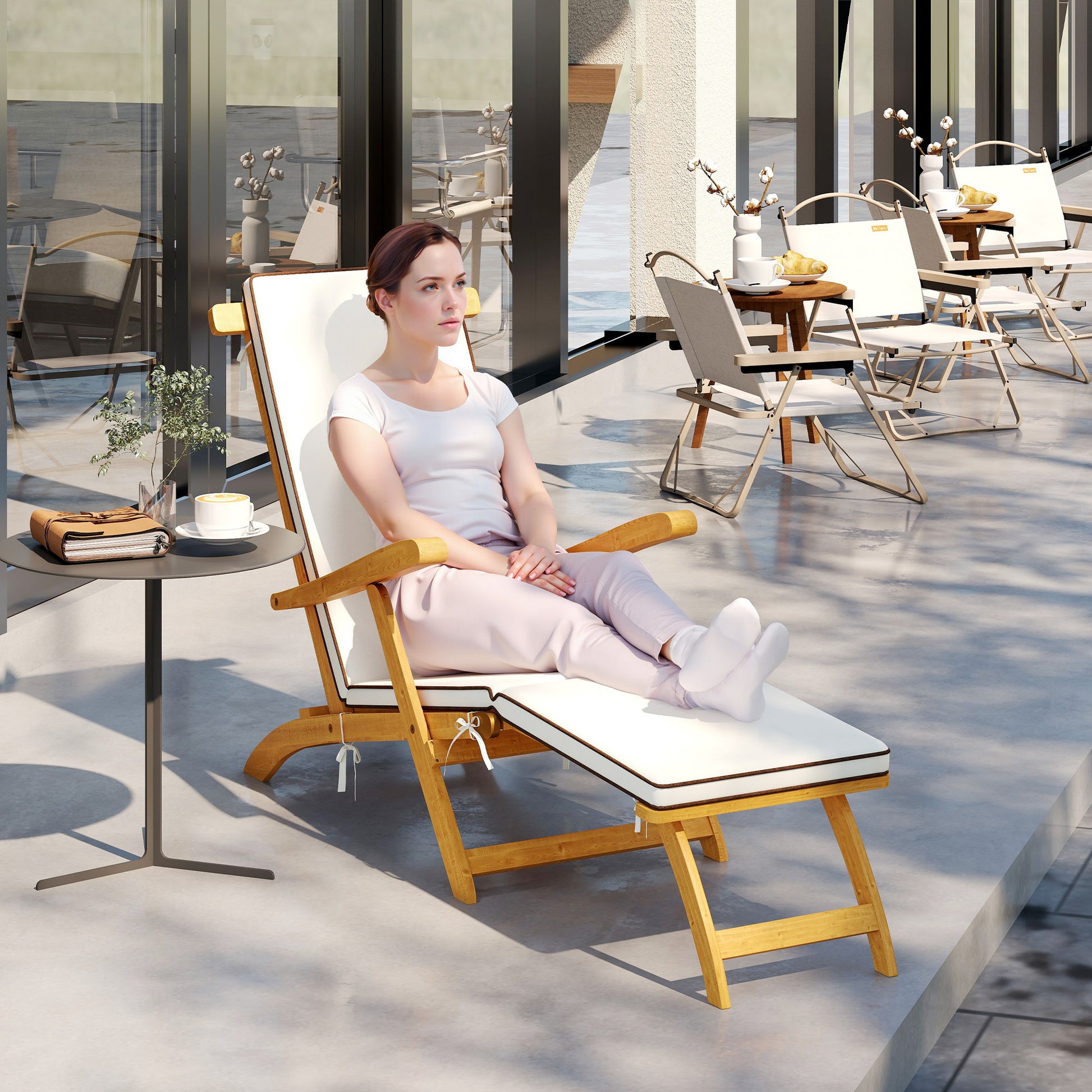 Folding Sun Lounger, Sunbathing Bed with Acacia Wood Cushion, Adjustable Footrest, Outdoor Garden Sunbath Lounger, 160kg Load Capacity for Beach Relax Camping Pool Terrace, 155 x 54 x 86 cm, White