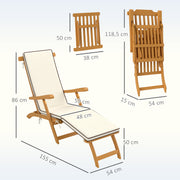 Folding Sun Lounger, Sunbathing Bed with Acacia Wood Cushion, Adjustable Footrest, Outdoor Garden Sunbath Lounger, 160kg Load Capacity for Beach Relax Camping Pool Terrace, 155 x 54 x 86 cm, White
