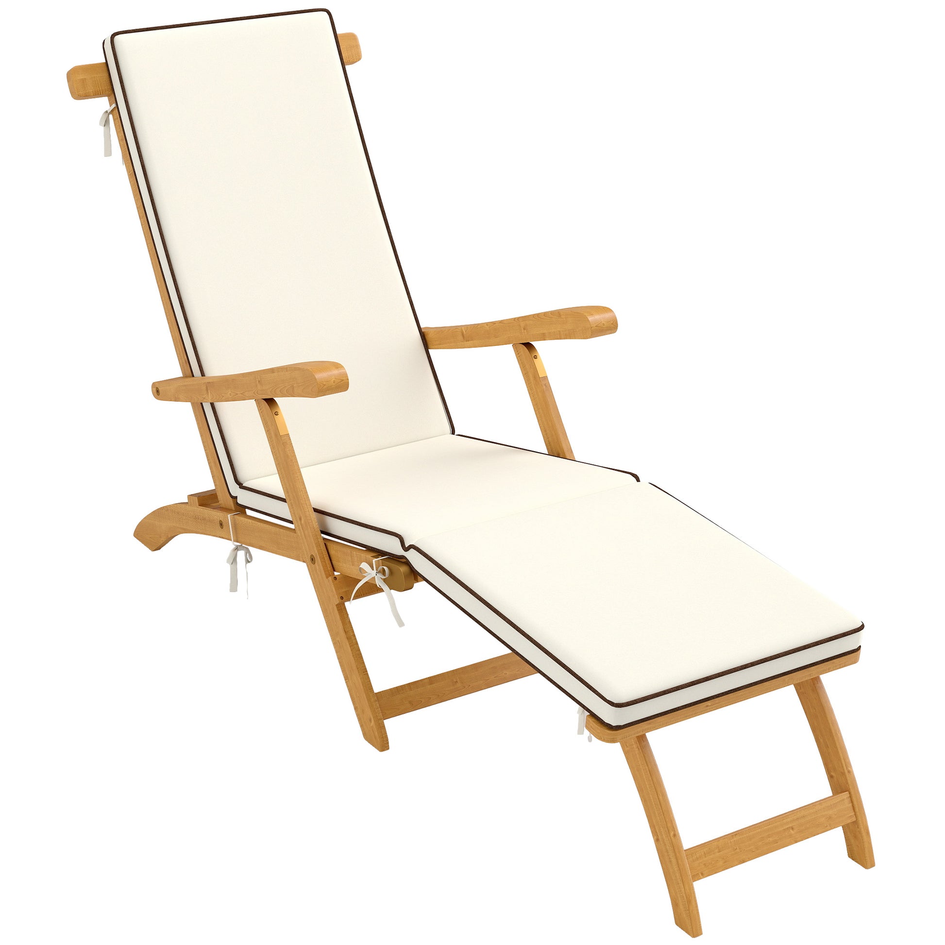 Folding Sun Lounger, Sunbathing Bed with Acacia Wood Cushion, Adjustable Footrest, Outdoor Garden Sunbath Lounger, 160kg Load Capacity for Beach Relax Camping Pool Terrace, 155 x 54 x 86 cm, White
