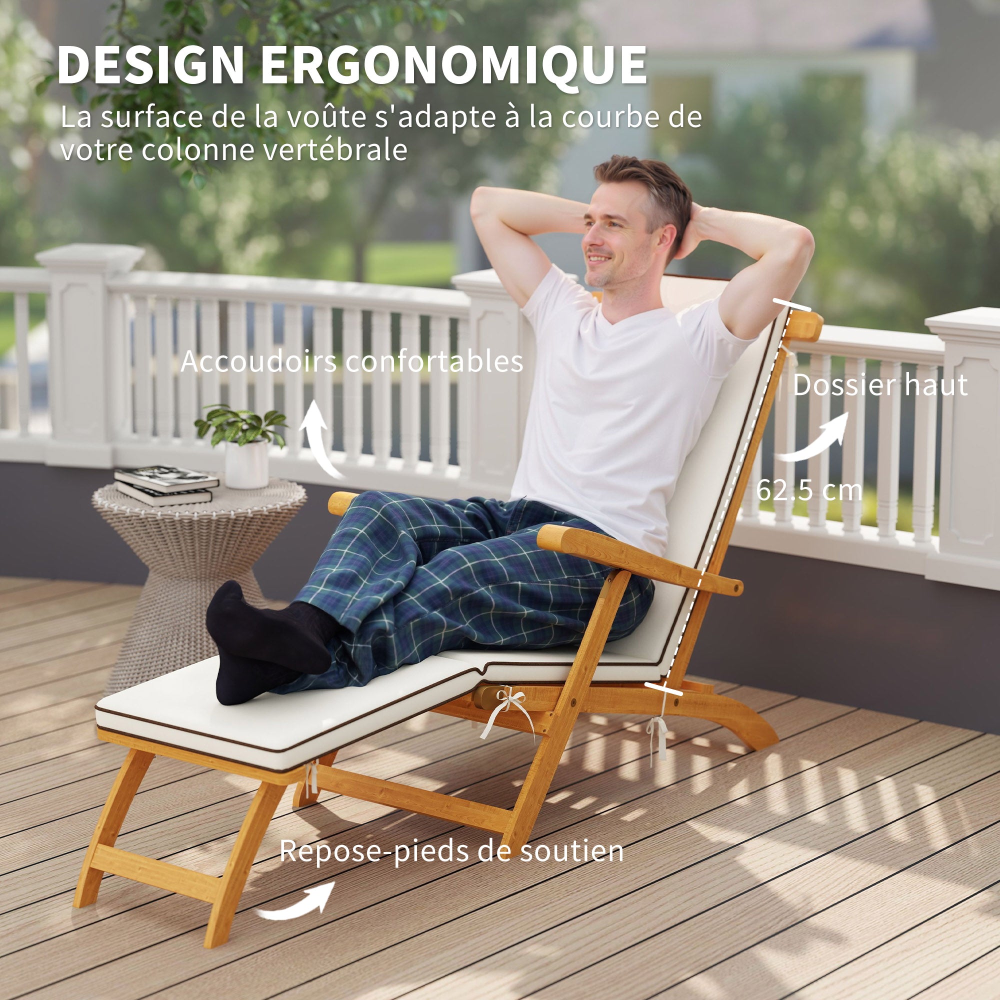 Folding Sun Lounger, Sunbathing Bed with Acacia Wood Cushion, Adjustable Footrest, Outdoor Garden Sunbath Lounger, 160kg Load Capacity for Beach Relax Camping Pool Terrace, 155 x 54 x 86 cm, White