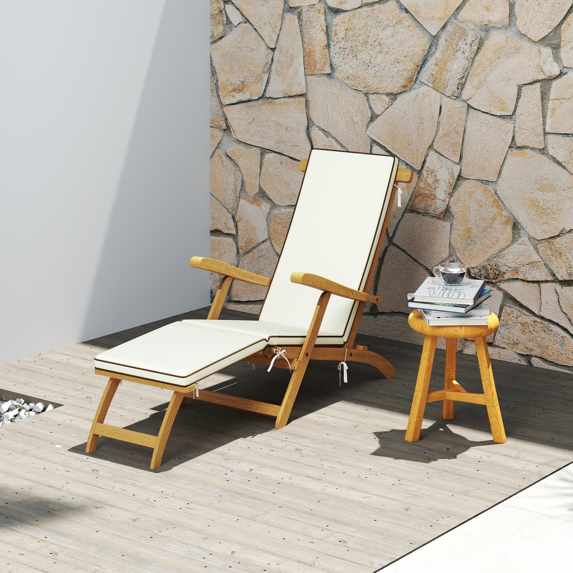 Folding Sun Lounger, Sunbathing Bed with Acacia Wood Cushion, Adjustable Footrest, Outdoor Garden Sunbath Lounger, 160kg Load Capacity for Beach Relax Camping Pool Terrace, 155 x 54 x 86 cm, White