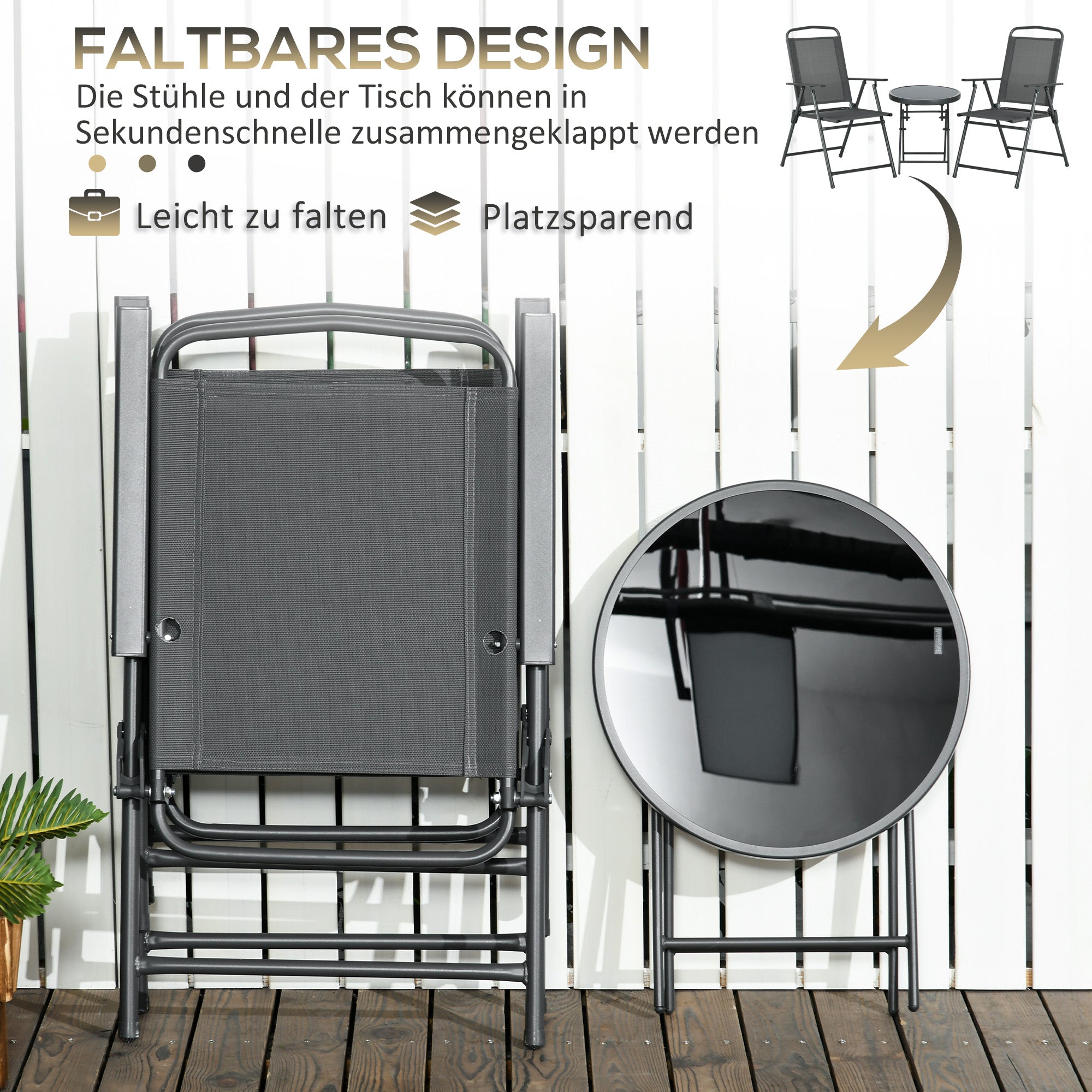 3-Piece Bistro Set Made of Metal Weatherproof Garden Furniture Set with Foldable Glass Table Garden Chairs Outdoor Balcony Furniture Set Seating Group Balcony Set Garden Dining Set Dark Gray