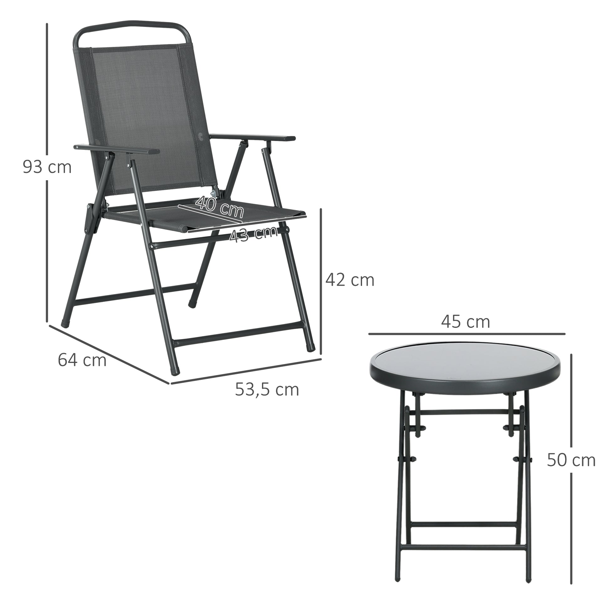 3-Piece Bistro Set Made of Metal Weatherproof Garden Furniture Set with Foldable Glass Table Garden Chairs Outdoor Balcony Furniture Set Seating Group Balcony Set Garden Dining Set Dark Gray