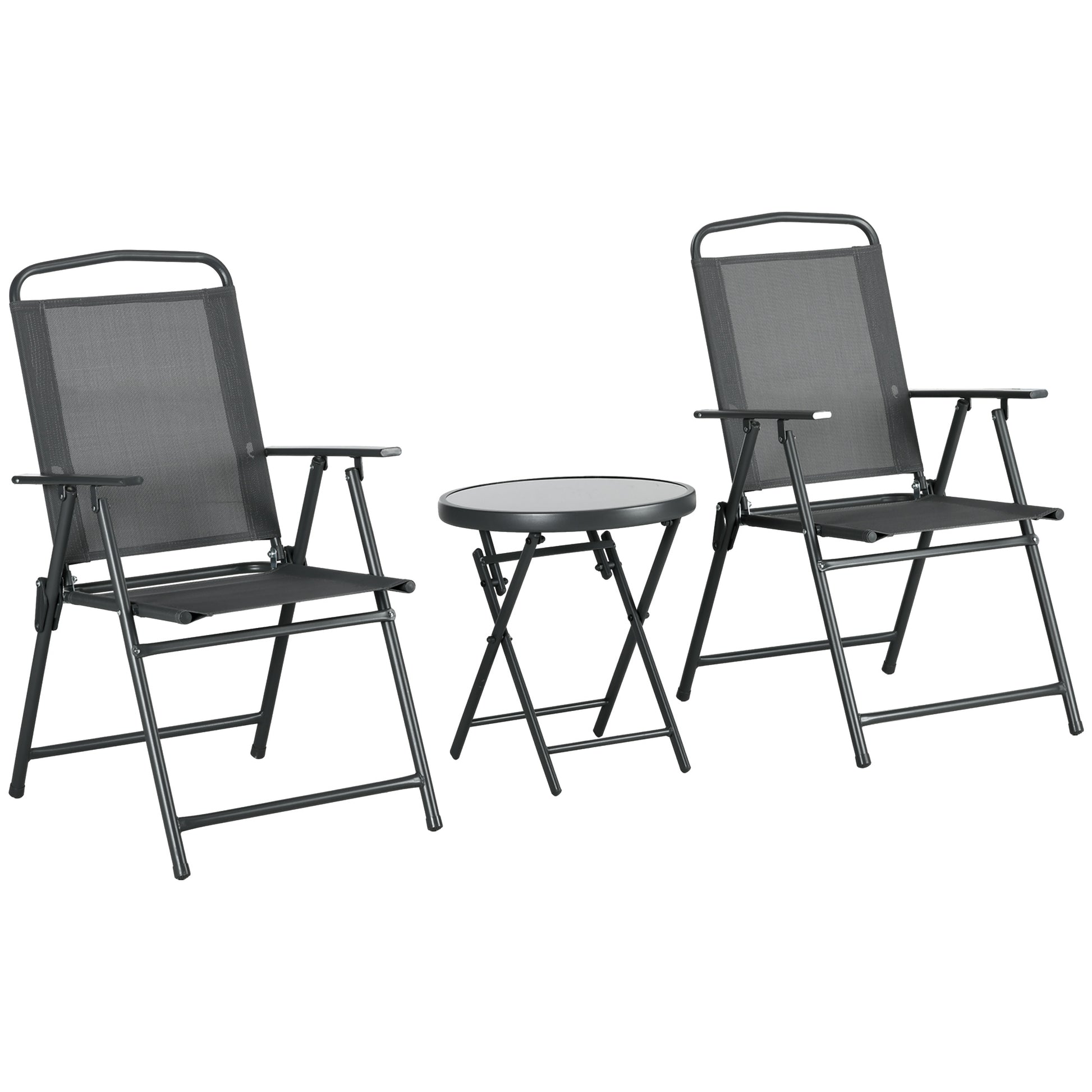 3-Piece Bistro Set Made of Metal Weatherproof Garden Furniture Set with Foldable Glass Table Garden Chairs Outdoor Balcony Furniture Set Seating Group Balcony Set Garden Dining Set Dark Gray