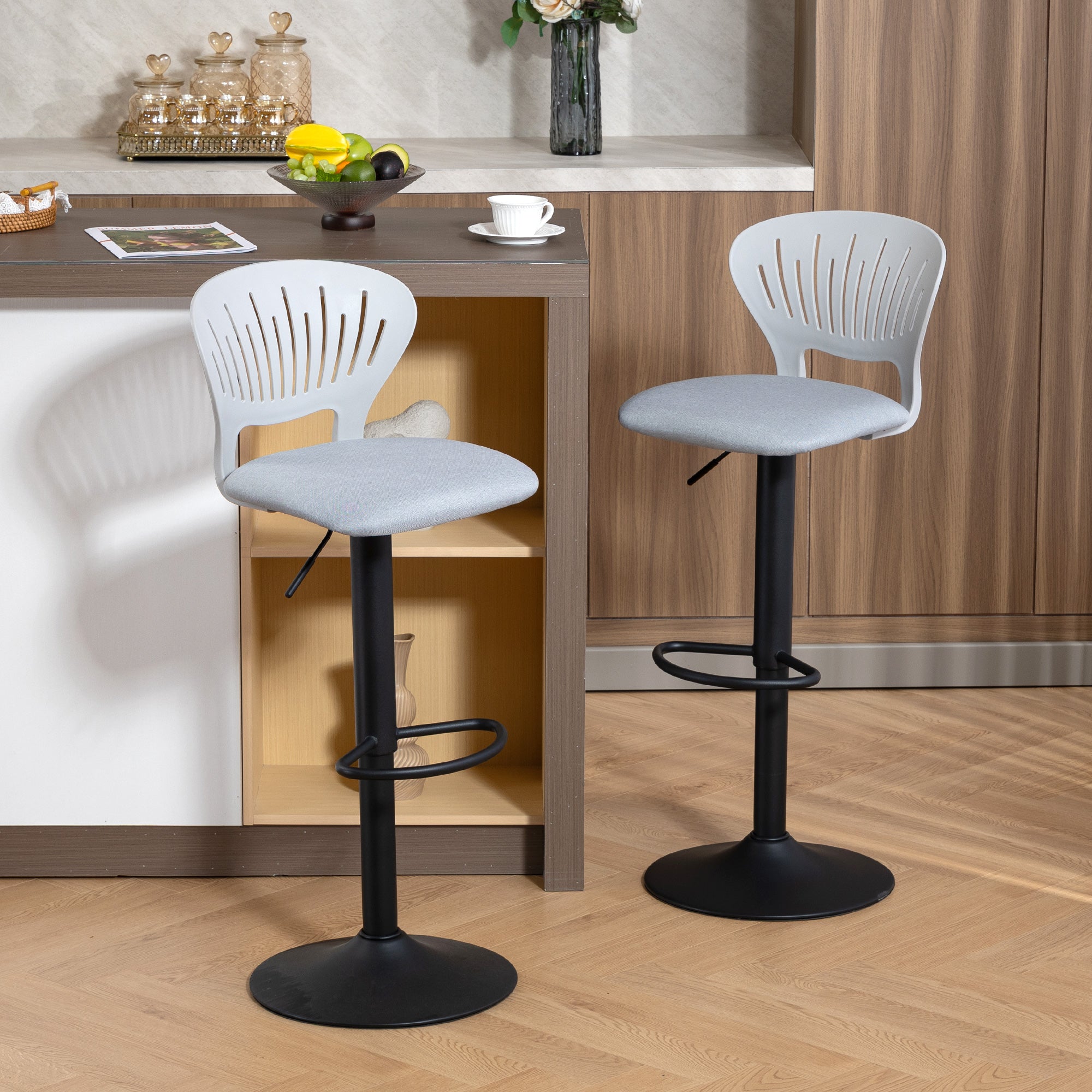Set of 2 360° Swivel Kitchen Bar Stools, Height-Adjustable 33.1–41.3 in, Hollow Back, Footrest, for Dining Room & Counter, Gray