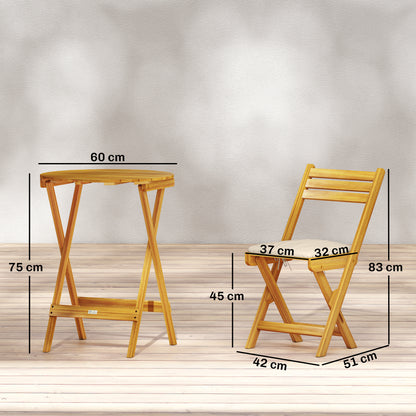 3-Piece Folding Balcony Set — FSC Acacia Wood Round Table & 2 Chairs with Breathable Slatted Seats and Cushions, Natural Wood