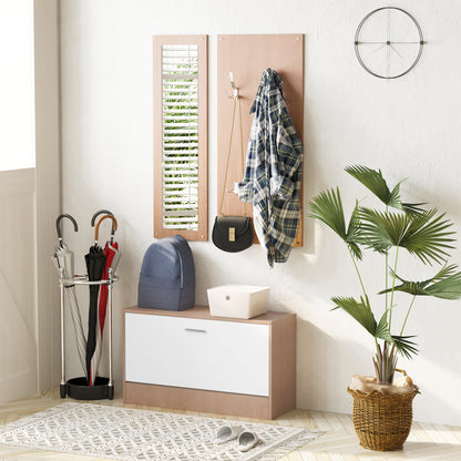 3-Piece Entryway Furniture Set with Shoe Bench, Wall Coat Rack, and Mirror, Wooden Wardrobe for Bedroom and Hallway, 80x27x46.5 cm in Wood Color and White